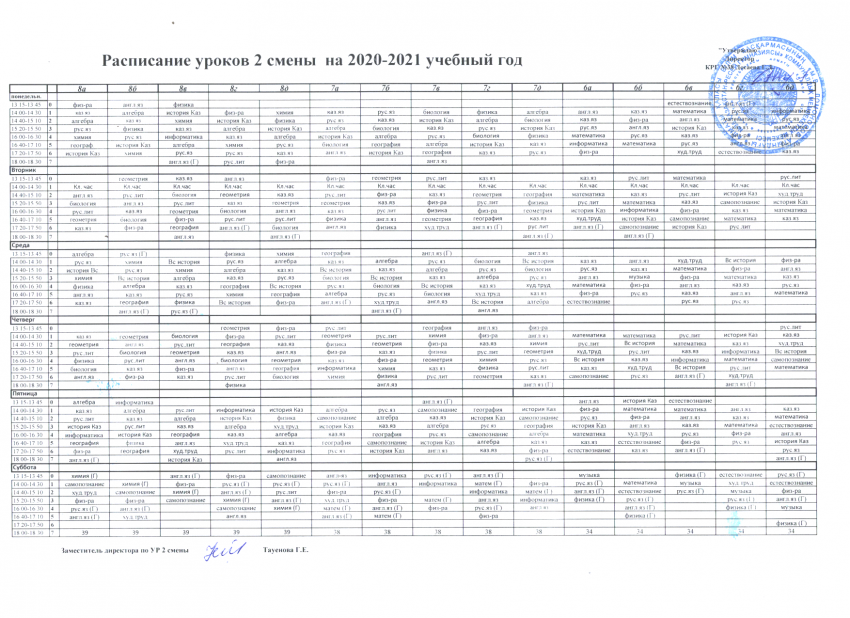 Расписание уроков 2 смены на 2020-2021 учебный год