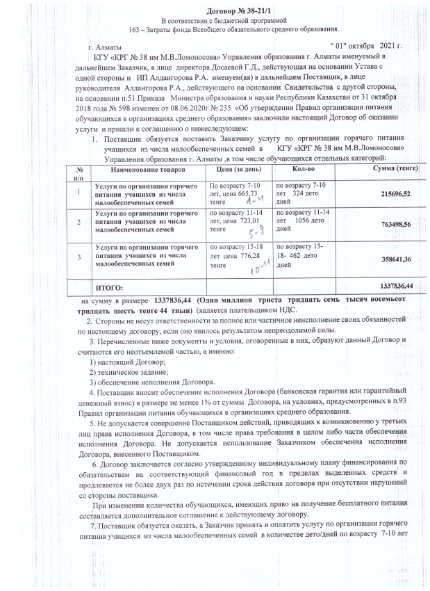 2021 жылға арналған ыстық тамақты ұйымдастыру бойынша қызмет көрсету туралы шарт