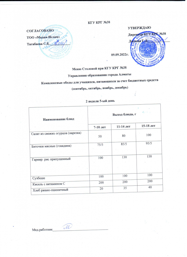 Ас мәзірі 09.09.2022 ж. 2 апта 5 күн