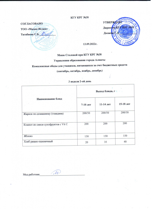 Ас мәзірі 13.09.2022 ж. 3 апта 2 күн