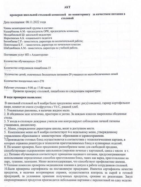 Мониторинг бойынша мектеп асхана комиссиясының тексеру актісі . Акт проверки школьной столовой комиссией по мониторингу