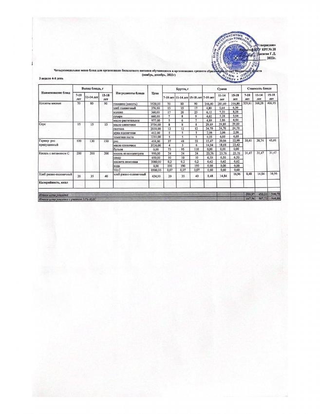 Ас мәзірі 22.12.2022ж 3 апта 4 күн