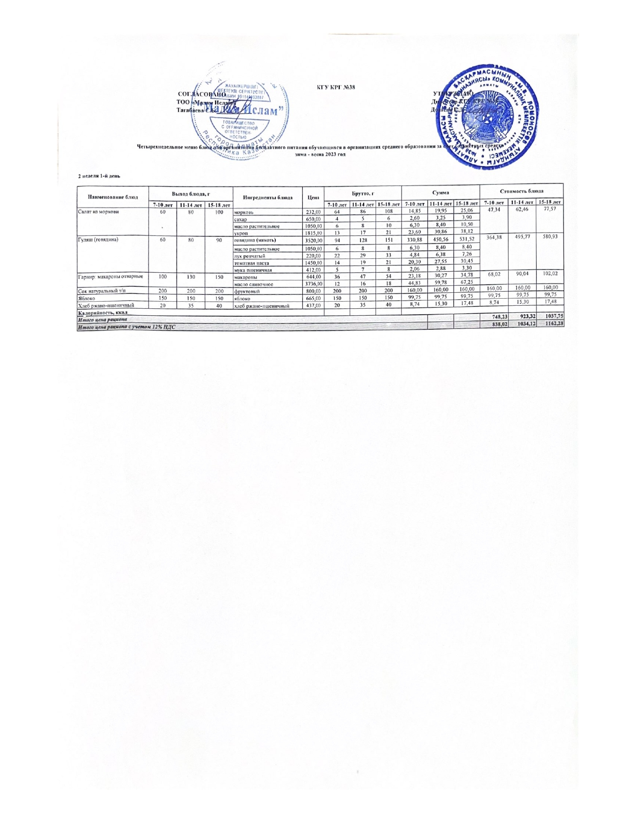 Ас мәзірі 13.02.2023жыл 2 апта 1 күн