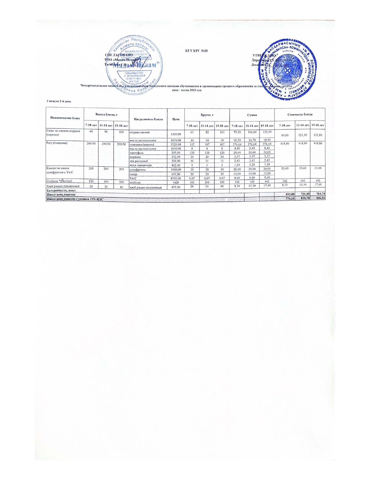 Ас мәзірі 14.02.2023жыл 2 апта 2 күн